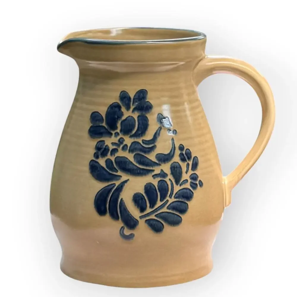 Vintage 80s Pfaltzgraff Tan & Blue Floral Folk Art Stoneware 2.5 Qt Pitcher #416